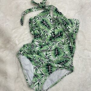 Tropical Leaf Print halter swimsuit